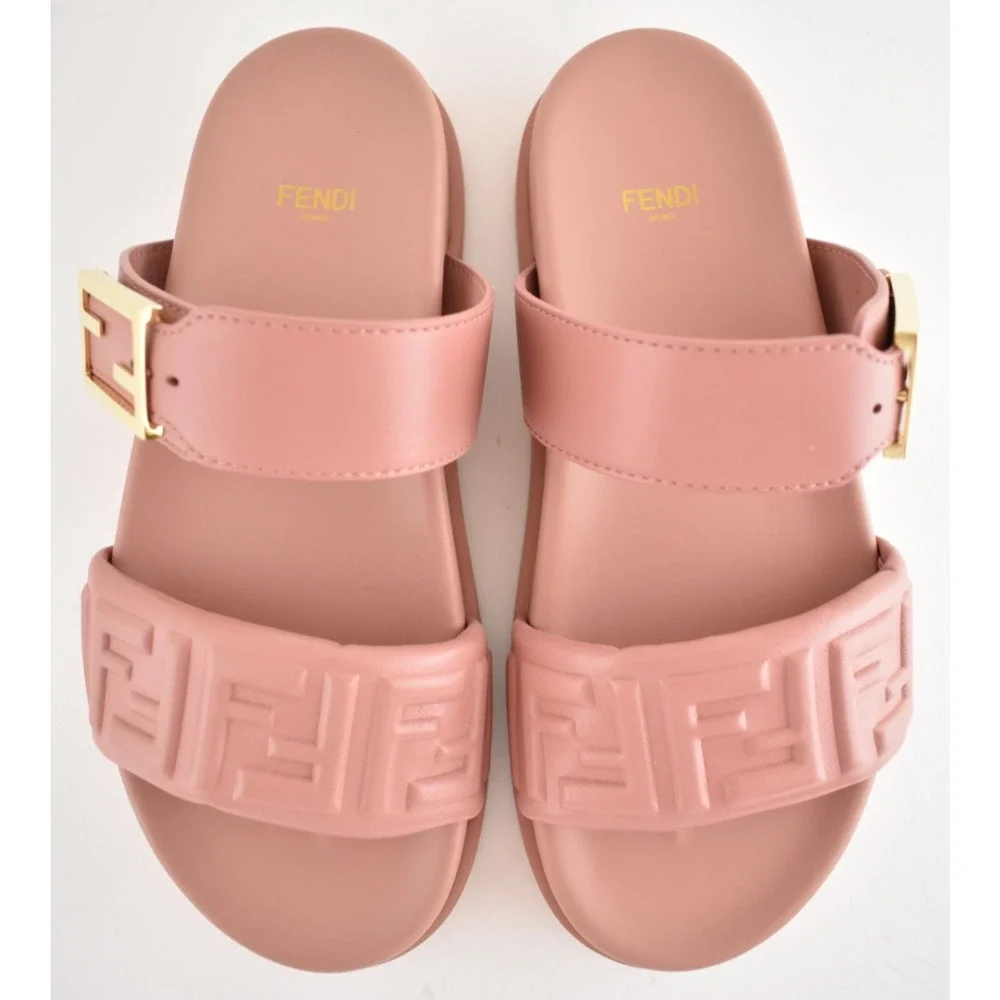 Fendi Feel Slide Pink Brick Leather FF Baguette Logo Gold Mule Flat Sandal 37